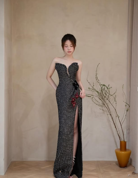 Elegant Black Strapless Slit Mermaid Prom Dress Sequin Beaded Long Evening Dress Y8542 - VelvetHem