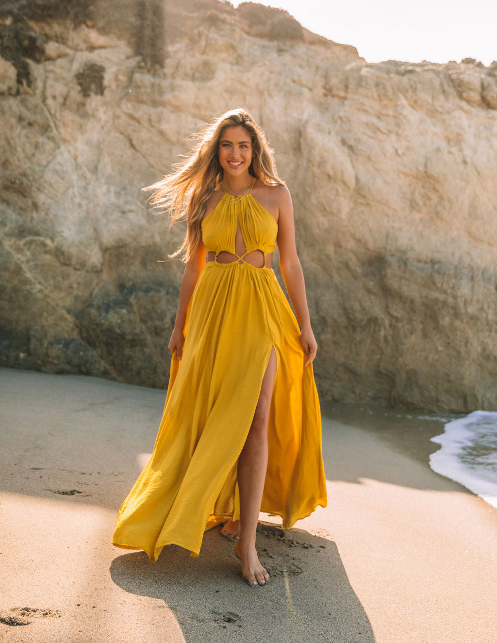 Cailey Cutout Halter Maxi Dress Moss Yellow