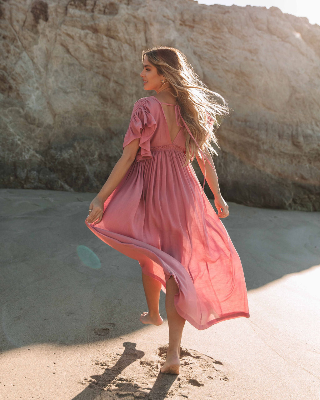 Anika Pocketed Button Down Ruffle Maxi Dress Desert Rose