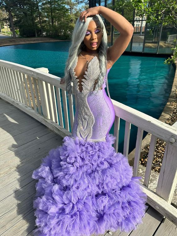 Glamorous Purple Floor Length Sleeveless Mermaid Prom Dress - VelvetHem