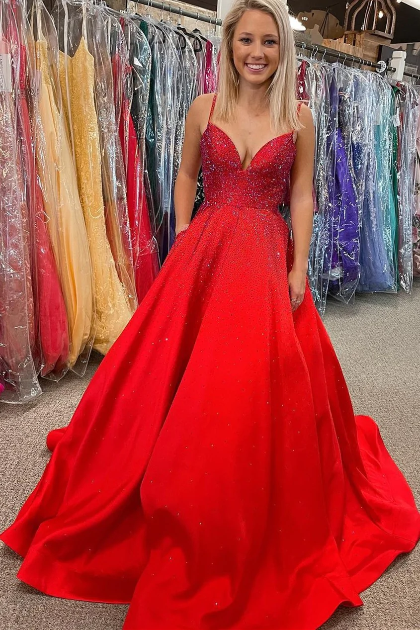 Spaghetti Straps Red Satin Beaded A-line Long Formal Gown Red Prom Dress - VelvetHem