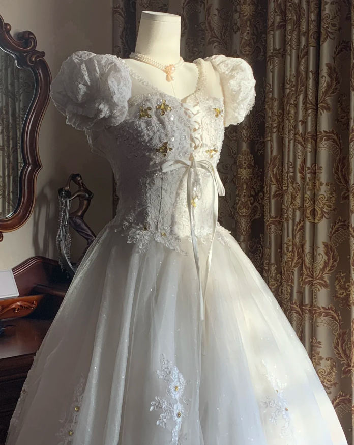 Classy White Ball Gown Tulle Lace Beaded Long Wedding Dress Formal Bridal Dress - View 6 | VelvetHem