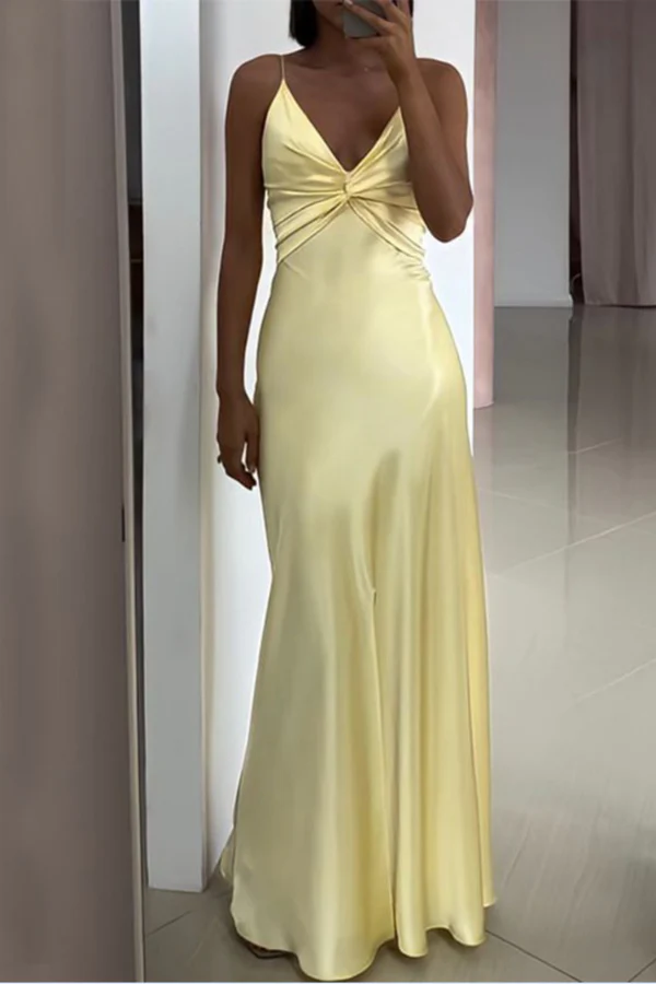 Simple Yellow V Neck Satin A Line Prom Dress Evening Dress Y8551 - VelvetHem