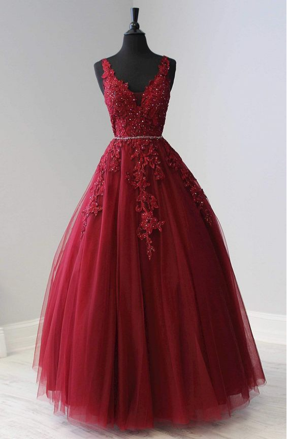 A-line V Neck Tulle Lace Prom Dress Waist Bead Fromal Evening Dress cc04 - VelvetHem
