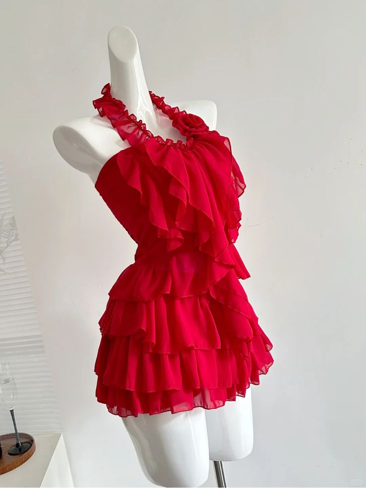 Beautiful Red Halter Chiffon Ruffle Formal Birthday Dress Short Vacation Dress