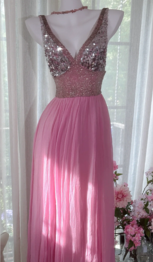 Pretty Pink V Neck Sequin Chiffon A Line Long Wedding Guest Dress Formal Party Dress Prom Dresses - View 4 | VelvetHem