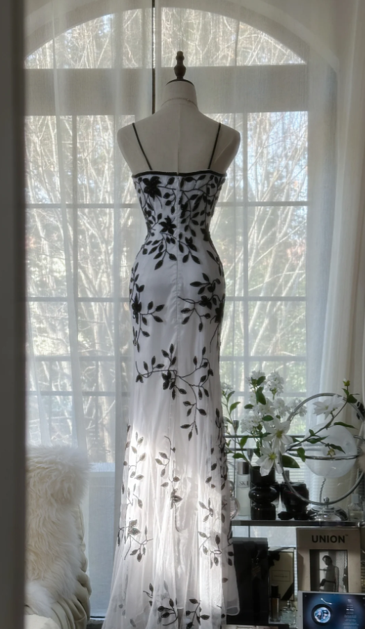 Unique Spaghetti Straps White Chiffon Black Beaded Mermaid Long Evening Dress Formal Birthday Party Dress - View 3 | VelvetHem