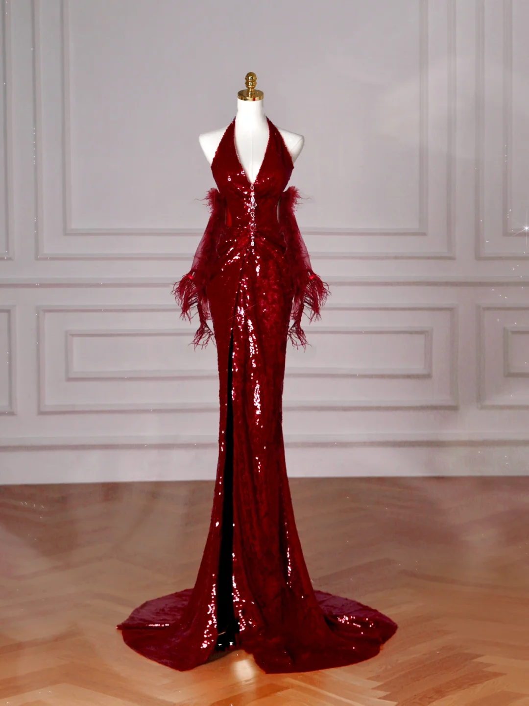 Sexy Burgundy Sequins Halter V Neck Evening Dress Backless Mermaid Evening Dress Y8628 - VelvetHem