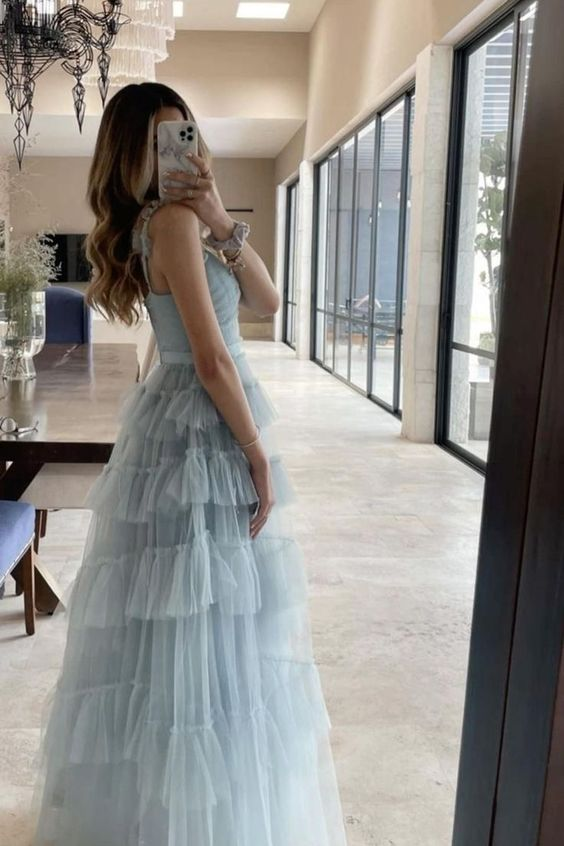 Light Blue Tulle Pleated Floor Length Junior Prom Dress - View 3 | VelvetHem