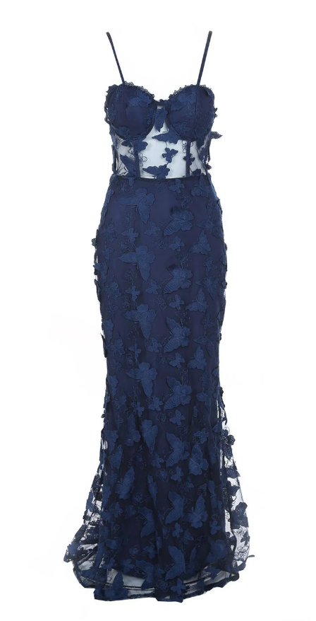 Vintage Mermaid Navy Blue lace Appliques Birthday Party Dress Prom Evening Dress