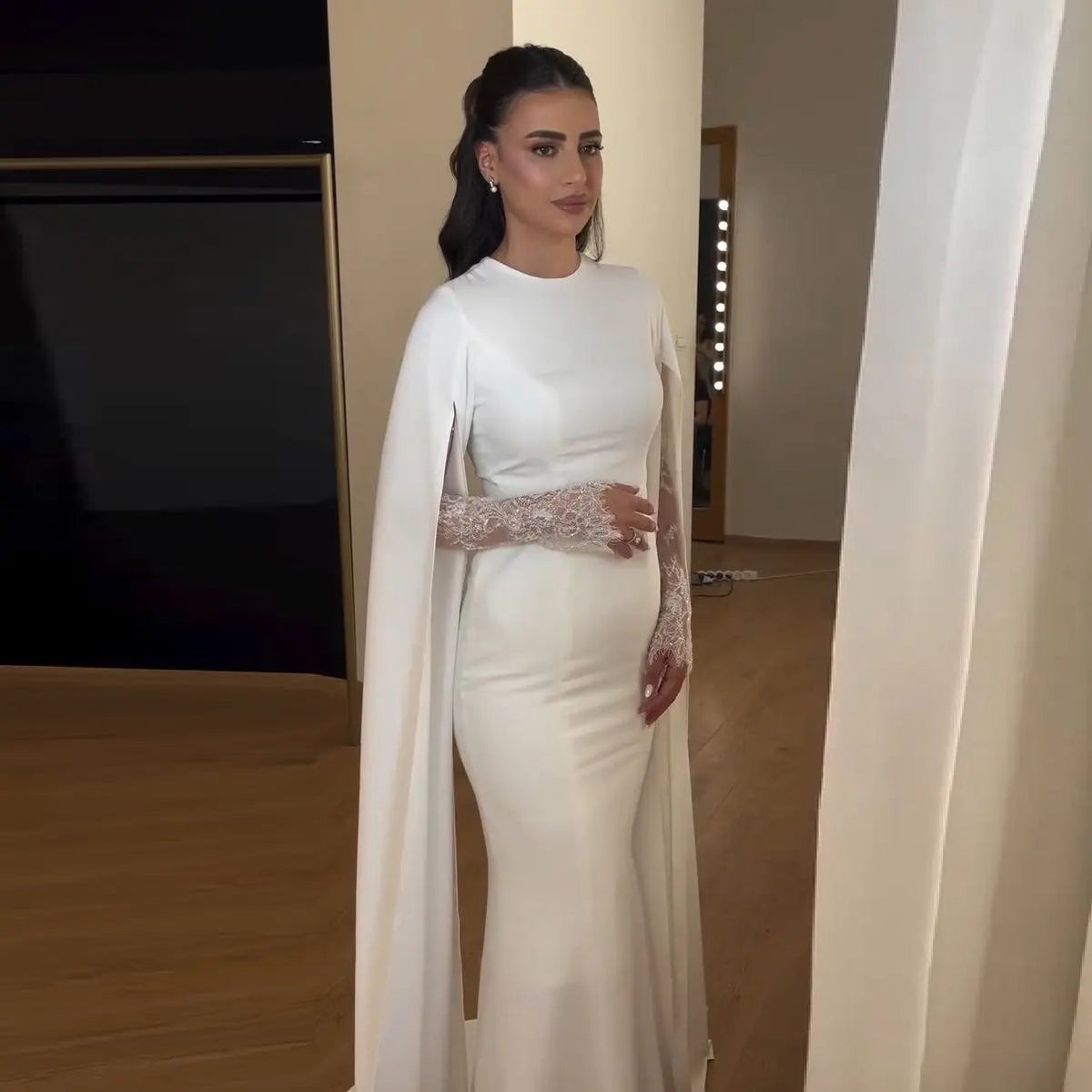 Ivory Minimalist Modest Mermaid Beaded Satin Wedding Dress Sweep Train ZP031
