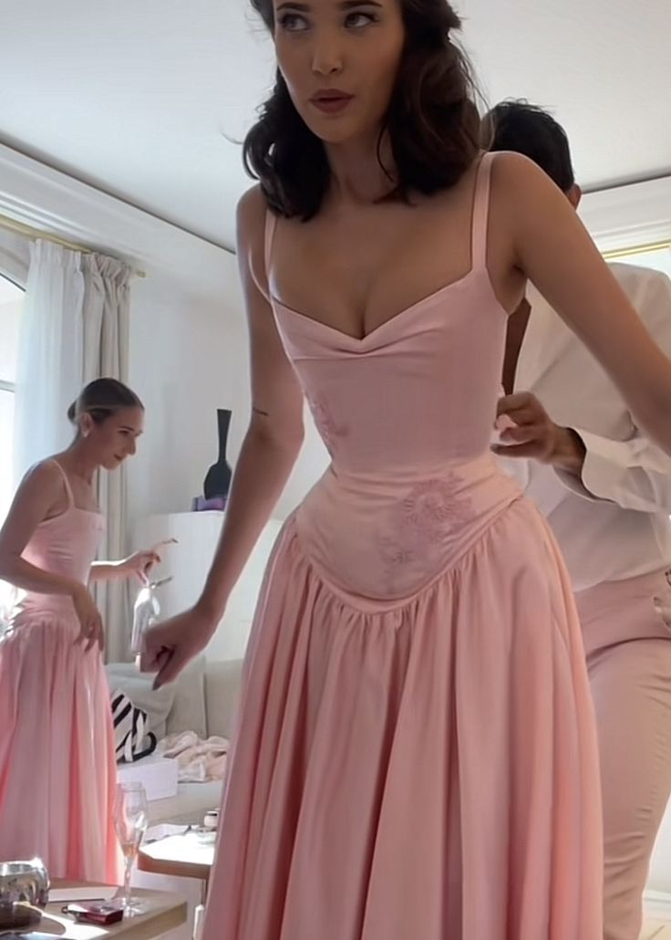 Elegant Pink Satin A-Line Long Evening Dress Bridesmaid Dress fg7255 - View 3 | VelvetHem