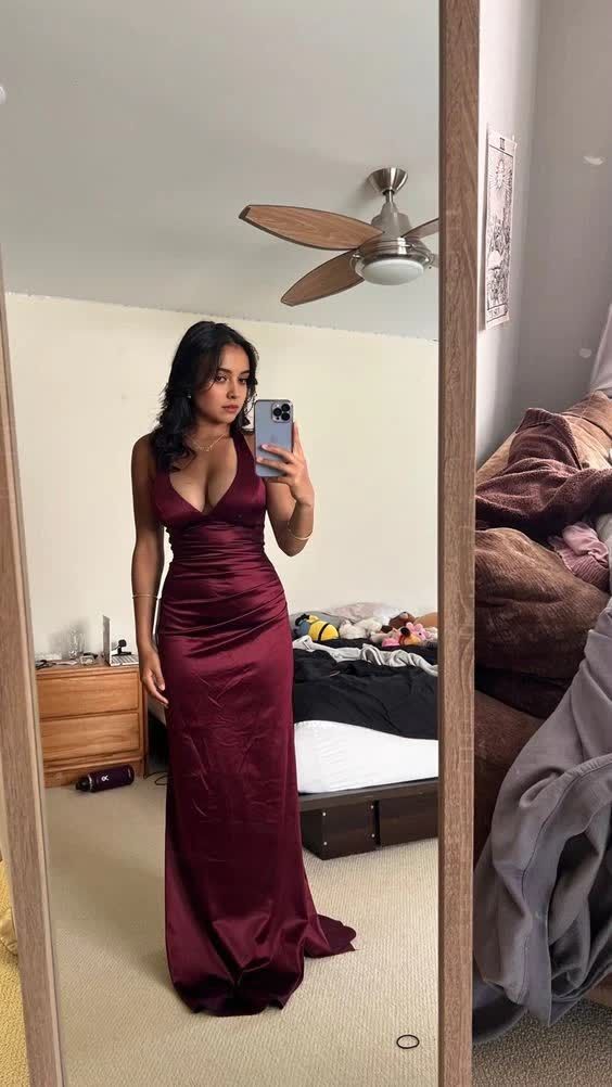Simple Burgundy V Neck Long Party Dress Formal Prom Dress fg6917 - View 4 | VelvetHem