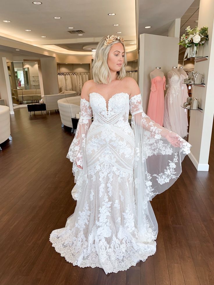 Bell Sleeves Lace Wedding Dresses Sweetheart Mermaid Bridal Gowns fg7251 - VelvetHem