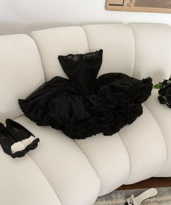 Cute Ball Gown Strapless Black Ruffles Lace Homecoming Dress Short Birthday Outfits fg7243 - View 2 | VelvetHem