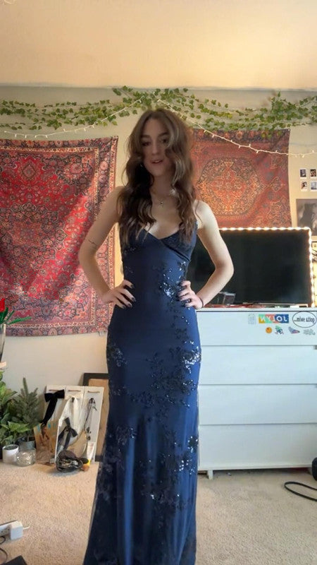 Navy blue vintage prom dress mermaid evening gown fg7298 - VelvetHem