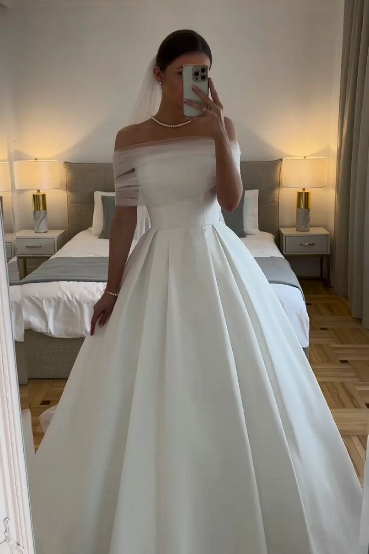 White Off The Shoulder Wedding Dresses A Line Long Bridal Gowns fg7261 - View 2 | VelvetHem