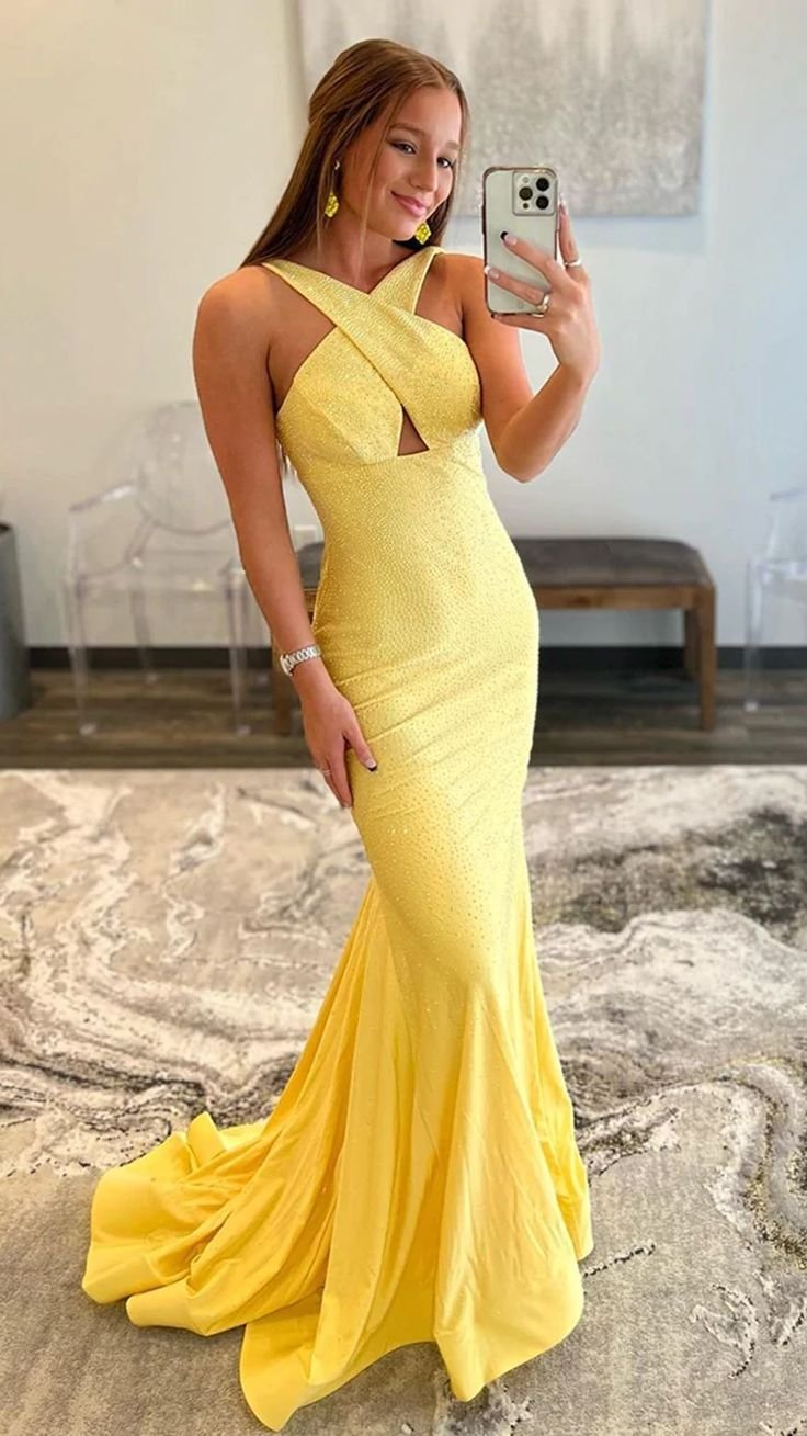Luxurious Yellow Backless Mermaid Prom Dress,Yellow Evening Dress - VelvetHem