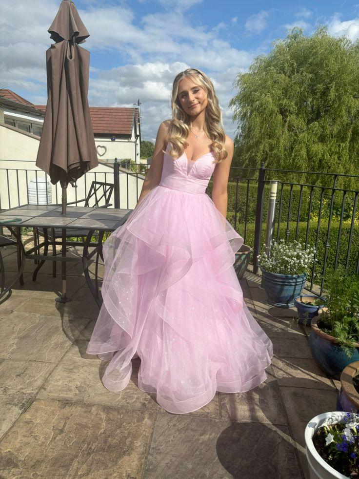 Shiny Pink Tulle Tiered A Line Prom Dress Straps Evening Gown Y7932 - VelvetHem