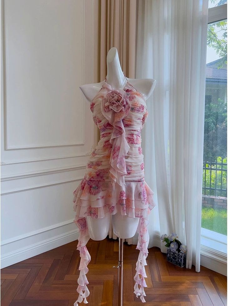 Pretty Sheath Halter Floral Chiffon Short Homecoming Dress Birthday Outfits