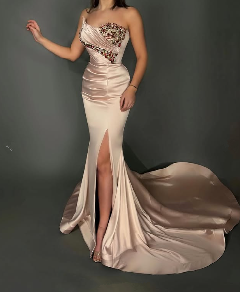 Gorgeous Strapless Satin Beaded Mermaid Slit Evening Dress Long Prom Dress Y8533 - VelvetHem