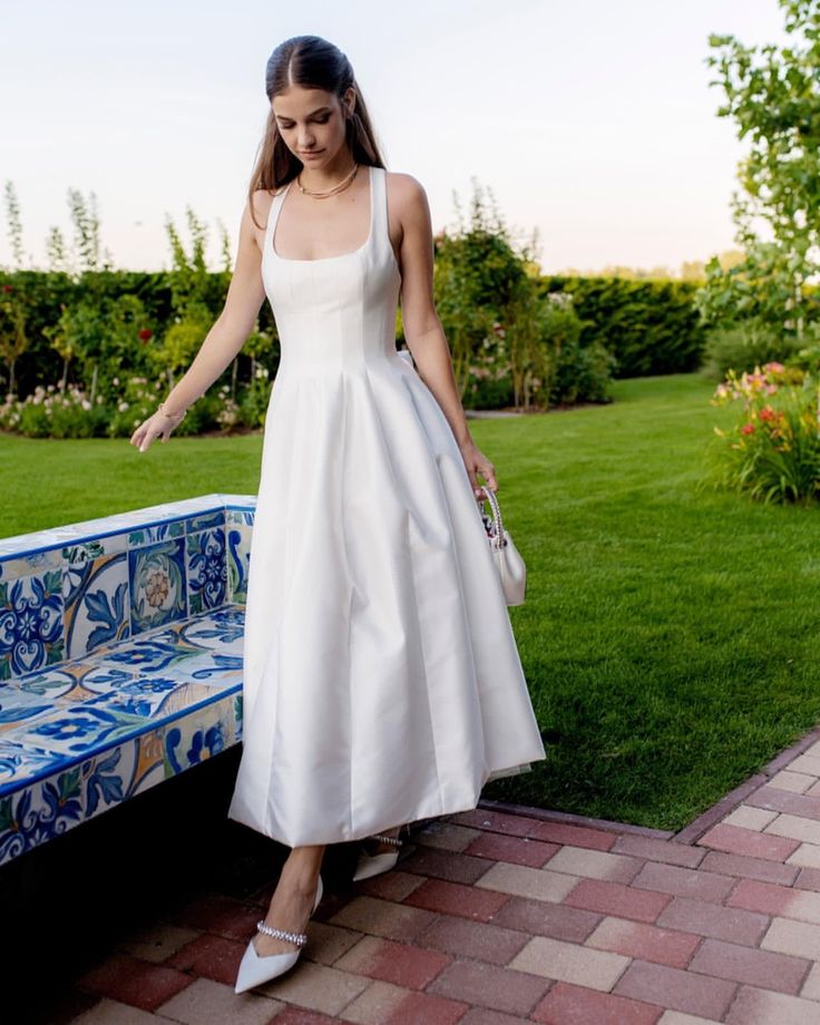 Satin Tulle Midi Wedding Dress, Simple Square Neckline Tea Length Formal Prom Dress fg7288 - View 4 | VelvetHem