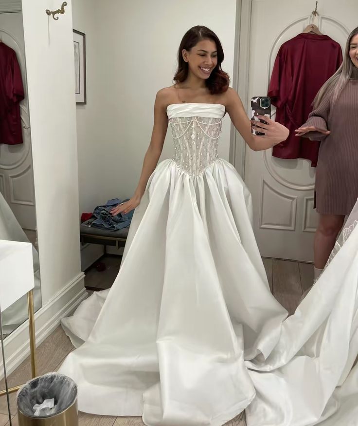 A Line Stunning Strapless Satin Wedding Dresses With Beads fg7297 - View 3 | VelvetHem