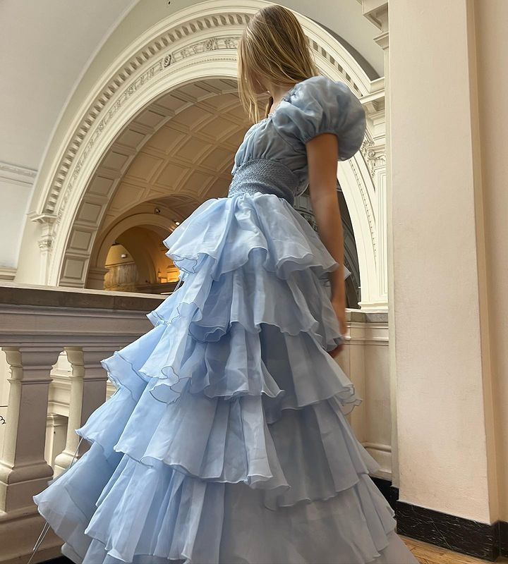 Sky Blue Tiered Skirt Prom Dress Puff Short Sleeves Formal Party Evening Gown fg7259 - View 4 | VelvetHem