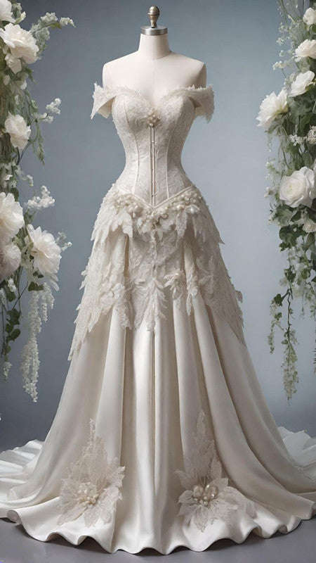 A Line Off Shoulder White Wedding Dress Lace Princess Dress fg7294 - VelvetHem