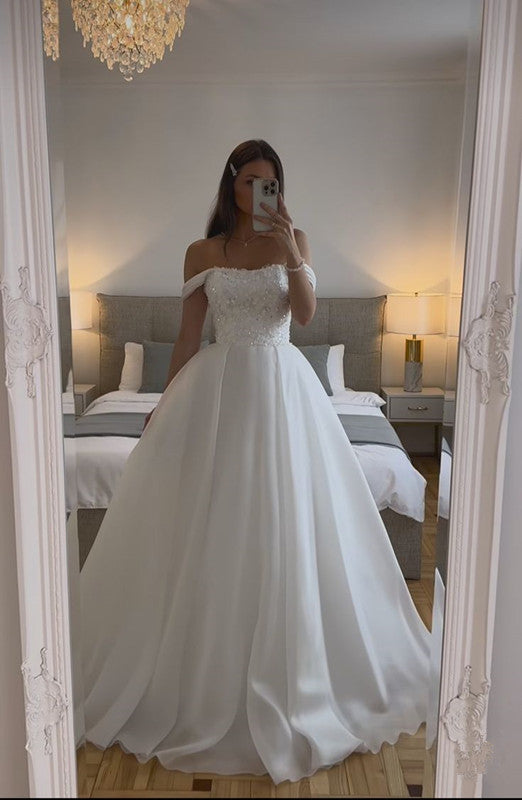 White Off The Shoulder Wedding Dresses A Line Long Bridal Gowns fg7260 - VelvetHem