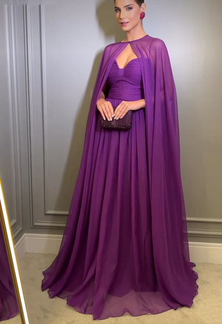 Elegant Purple Chiffon Long Evening Dress with Cape A-Line Pleated Floor Length Formal Prom Gown fg7269 - VelvetHem