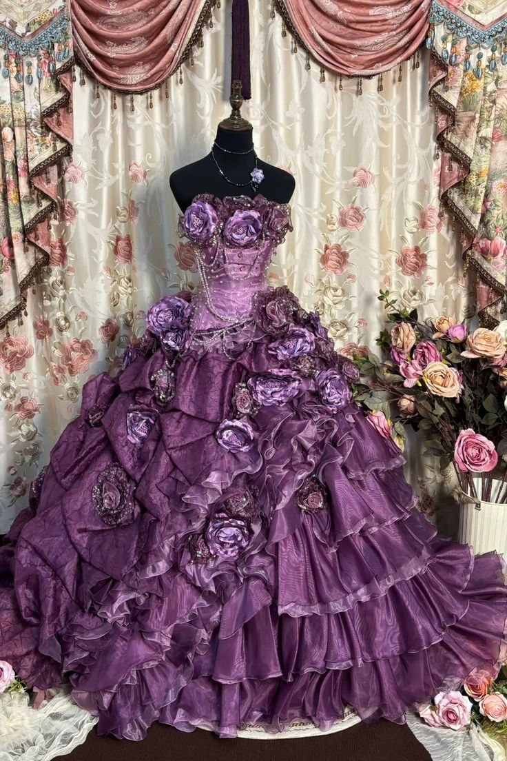 Vintage Purple Ball Gown Strapless Floral Beaded Layered Organza Prom Dress 18th Birthday Dress - VelvetHem