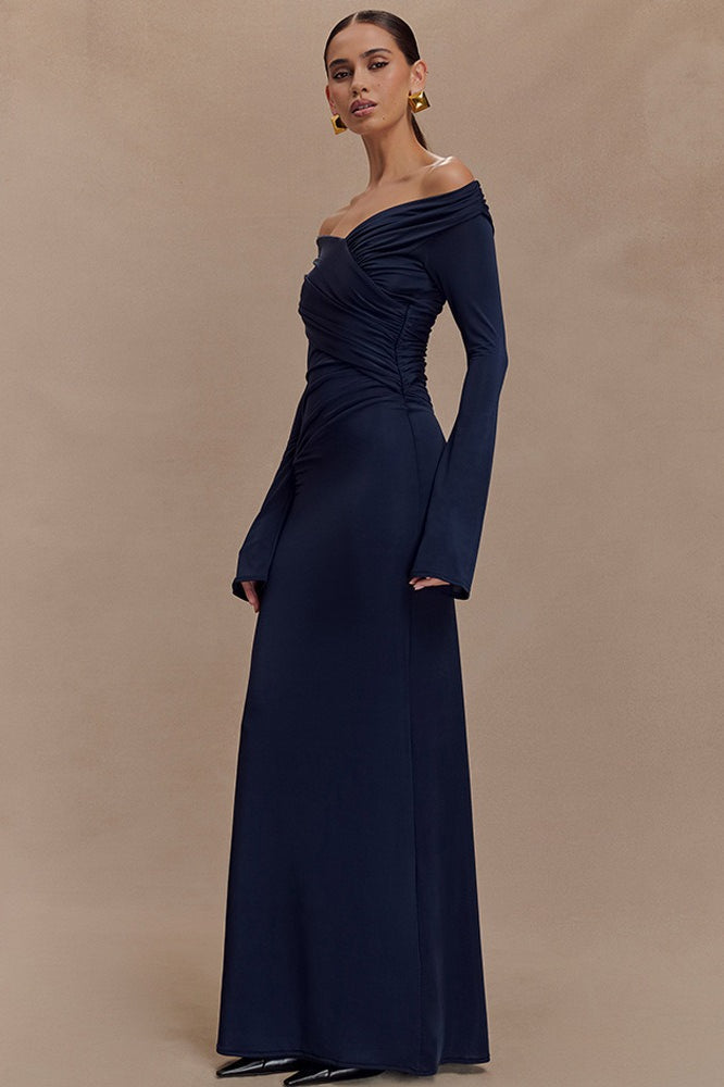 V-Neck Slim Fit Ruched Maxi Dress - View 7 | VelvetHem