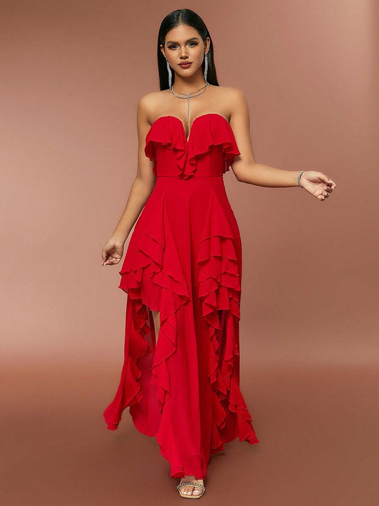 Red Ruffle Tube Top V neck Flounce Backless Evening Dress - VelvetHem