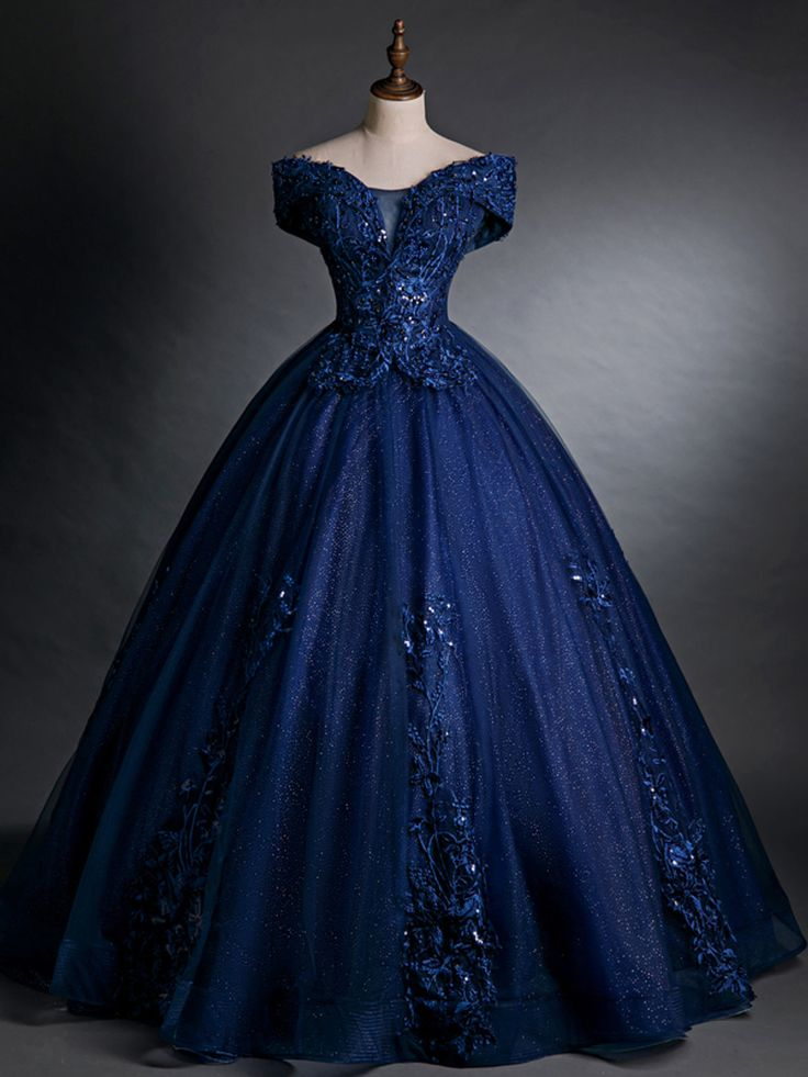 Beautiful Navy Blue Sequins Appliques Beading Quinceanera Dress Sweet 16 Ball Gown - VelvetHem
