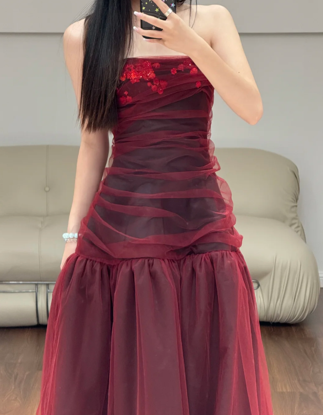 Strapless Burgundy Tulle Prom Party Dress Birthday Outfit Evening Dress - View 2 | VelvetHem