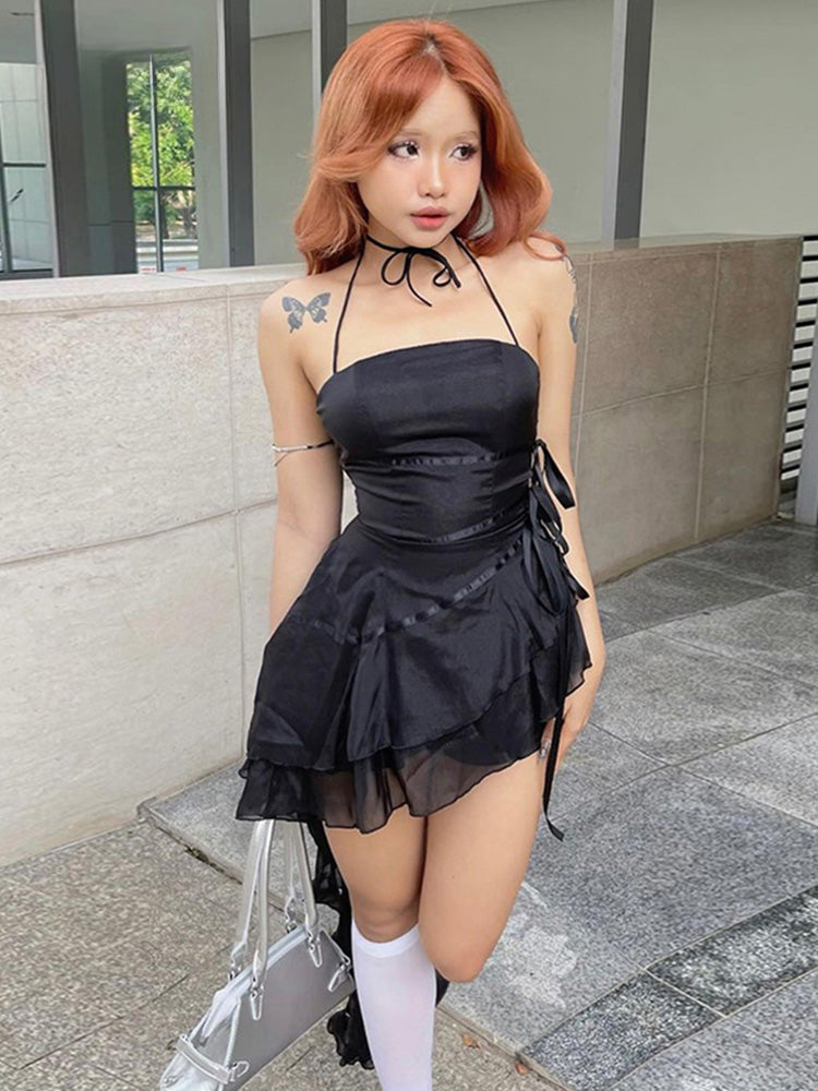 Sleeveless Halter Neck Strapless Ruffle Cap A-Line Pleated Hem Swing Tube Top Dress - VelvetHem