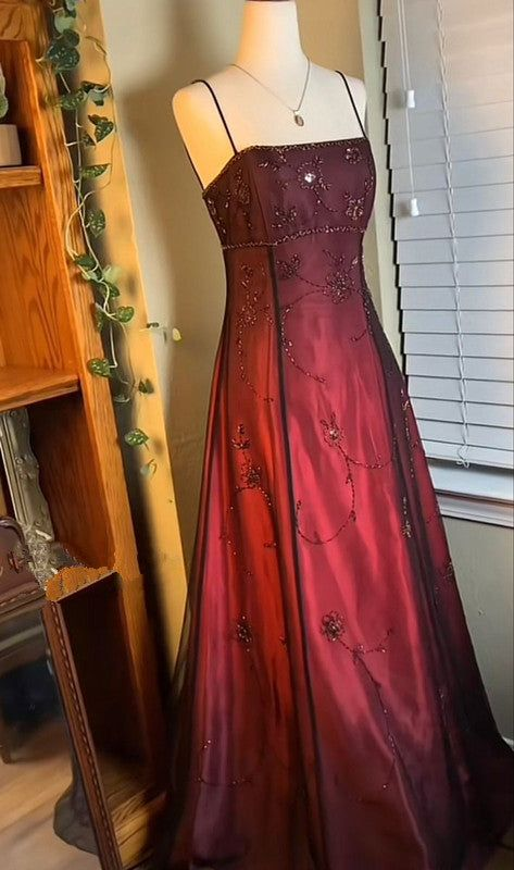 Unique Spaghetti Straps Burgundy Tulle Beaded Evening DressLong Prom Dress - VelvetHem