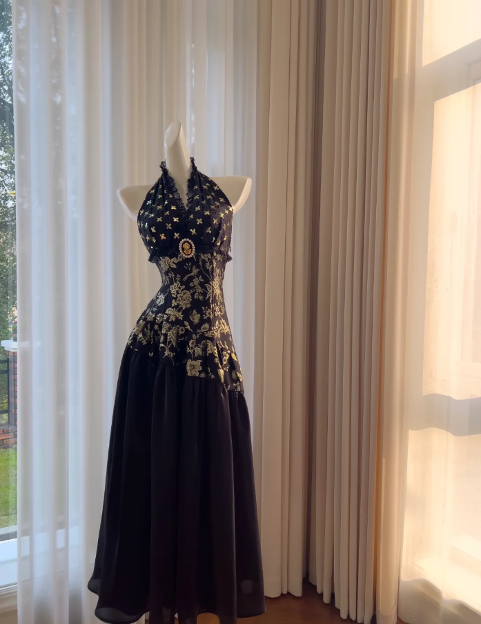 Elegant Black Halter Satin Print Floral Sequins Evening Dress Long ALine Prom Dress Y8568 - VelvetHem