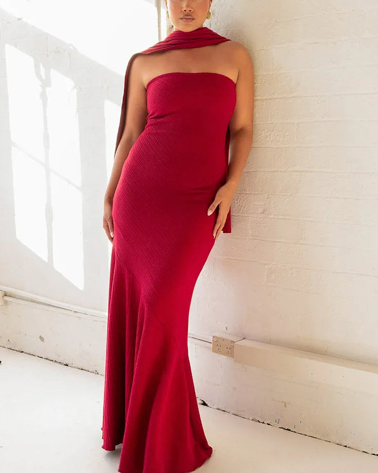Scarf Strapless Pleated Maxi Dress - View 3 | VelvetHem