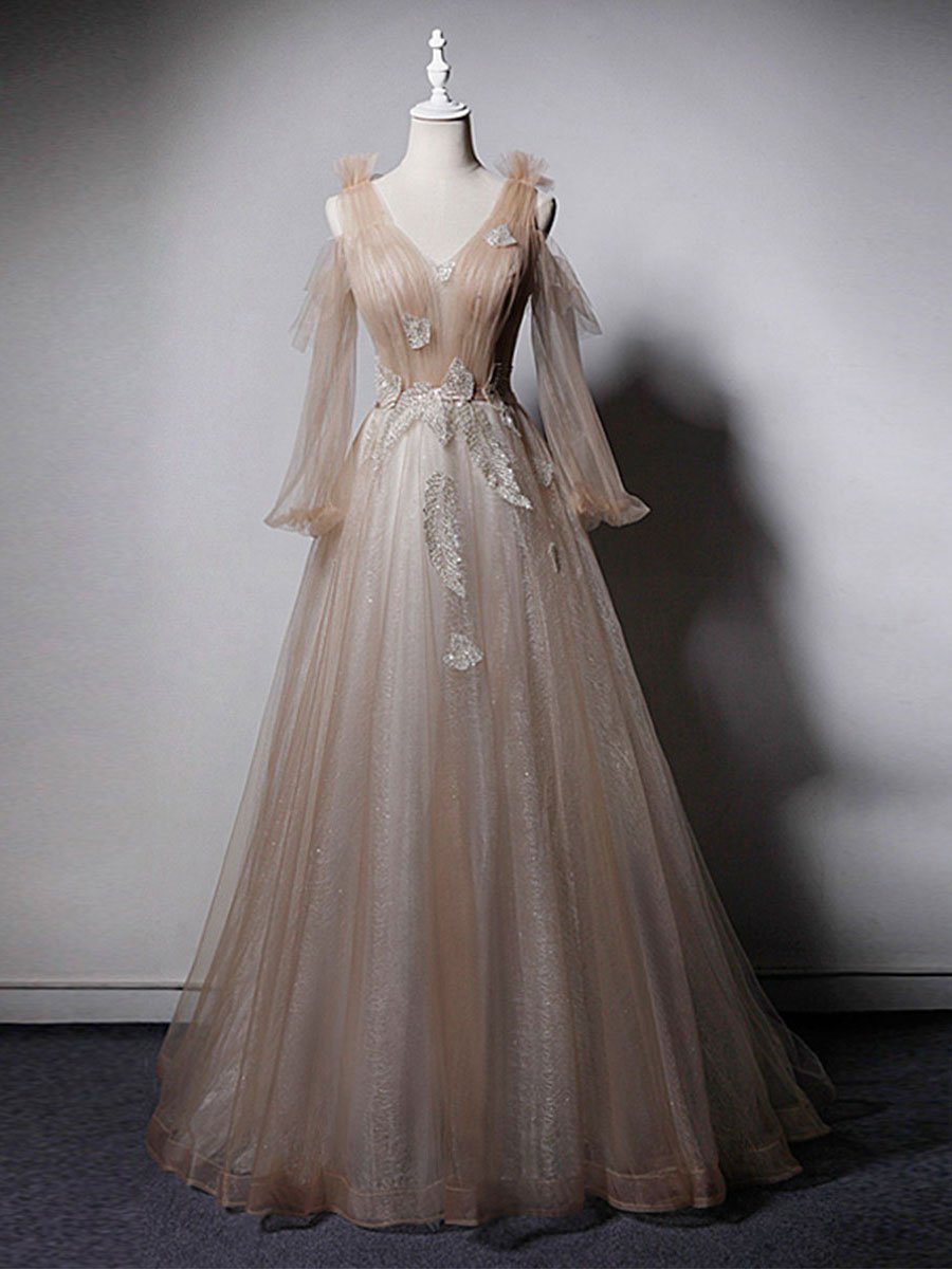 Champagne v neck tulle lace long prom dress champagne evening dress - View 2 | VelvetHem