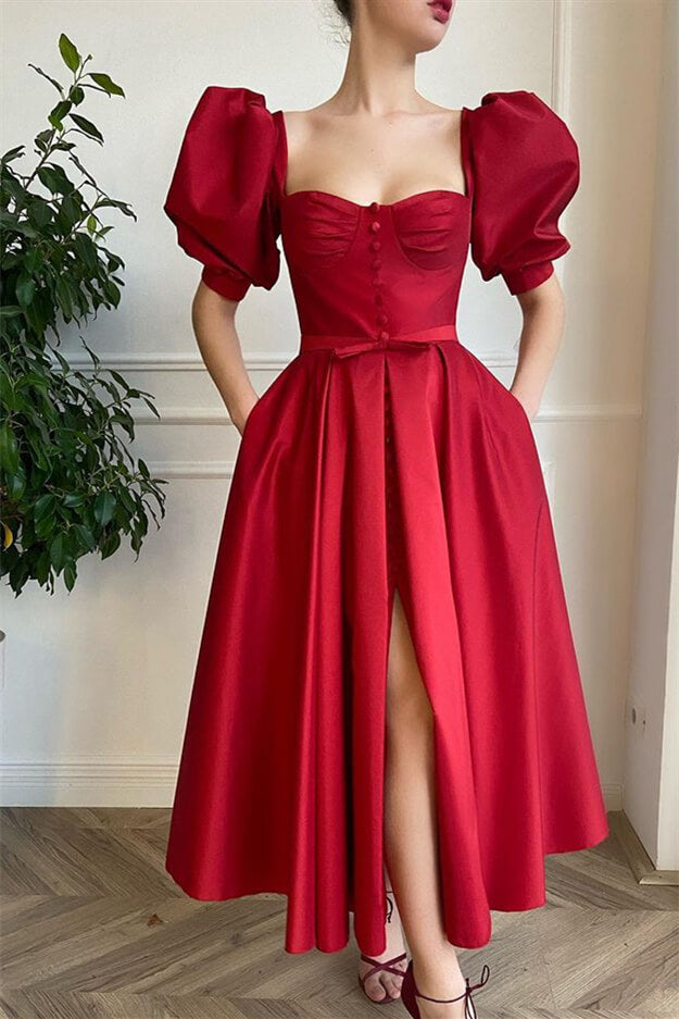 Red Split Front Short Prom Dress with Square Neckline and Short Sleeves - VelvetHem