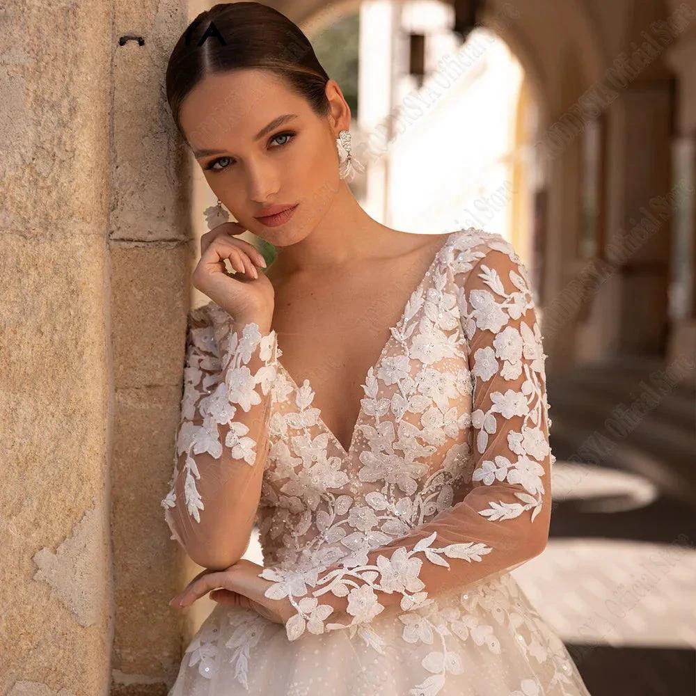 Exquisite Wedding Dresses Long Sleeves Sexy Backless Bride Gowns Applique Princess Tulle A-Line vestidos de novia (ZD13394)