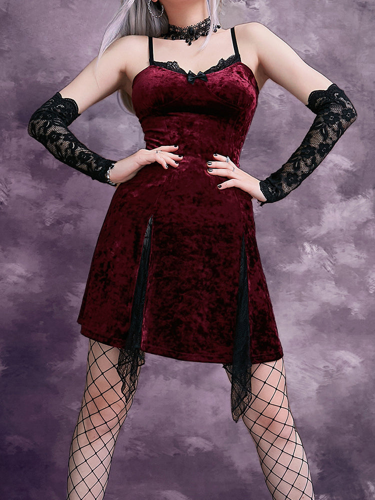 Y2K Gothic Vintage Mesh Velvet Mini Grunge Aesthetic Dark High Waist Slit Partywear Emo Lolita Clubwear Dress - VelvetHem
