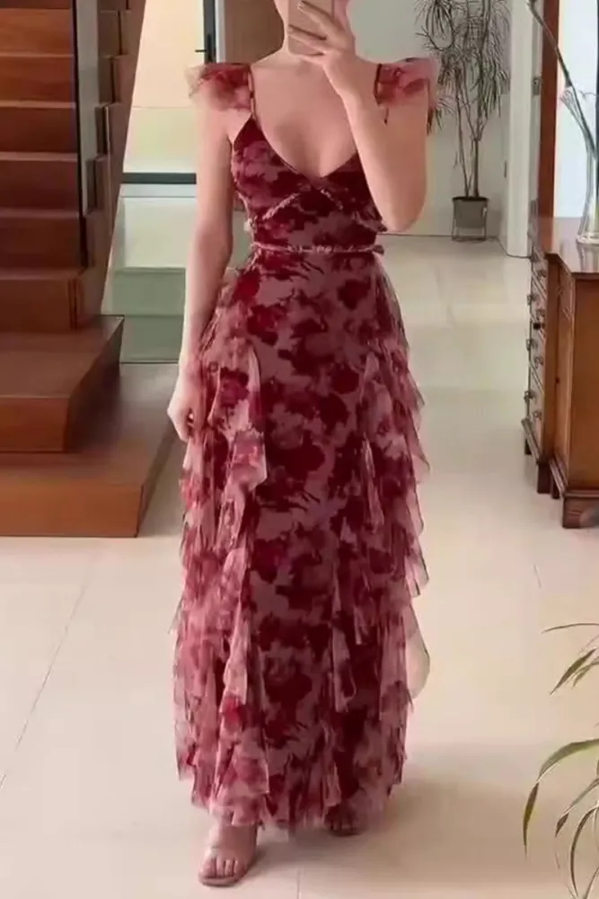 Unique Tulle Chiffon Rose Floral Print Ruffles Party Evening Dress A Line Prom Dress - VelvetHem