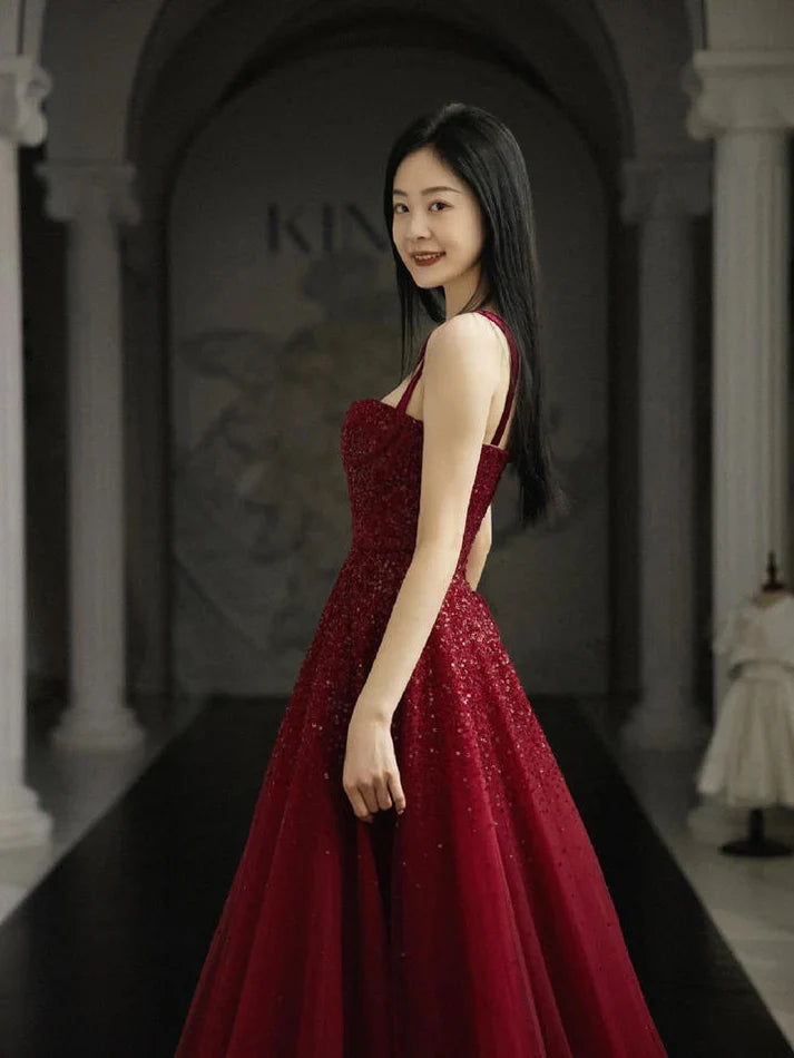 Burgundy Prom Dresses A line Straps Tulle Evening Dresses fg6734 - View 5 | VelvetHem