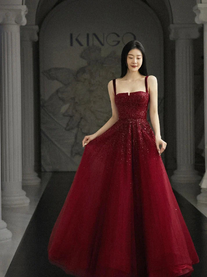 Burgundy Prom Dresses A line Straps Tulle Evening Dresses fg6734 - View 6 | VelvetHem