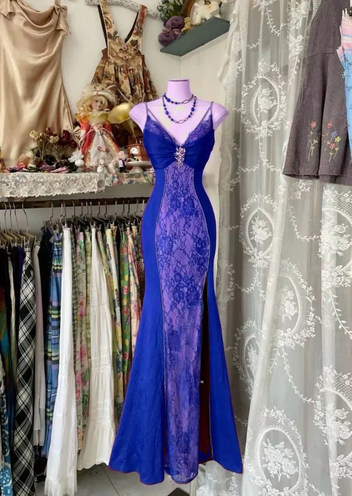 V Neck Lace Burgundy Long Prom Dress Mermaid Evening Party Gown fg6916 - View 6 | VelvetHem