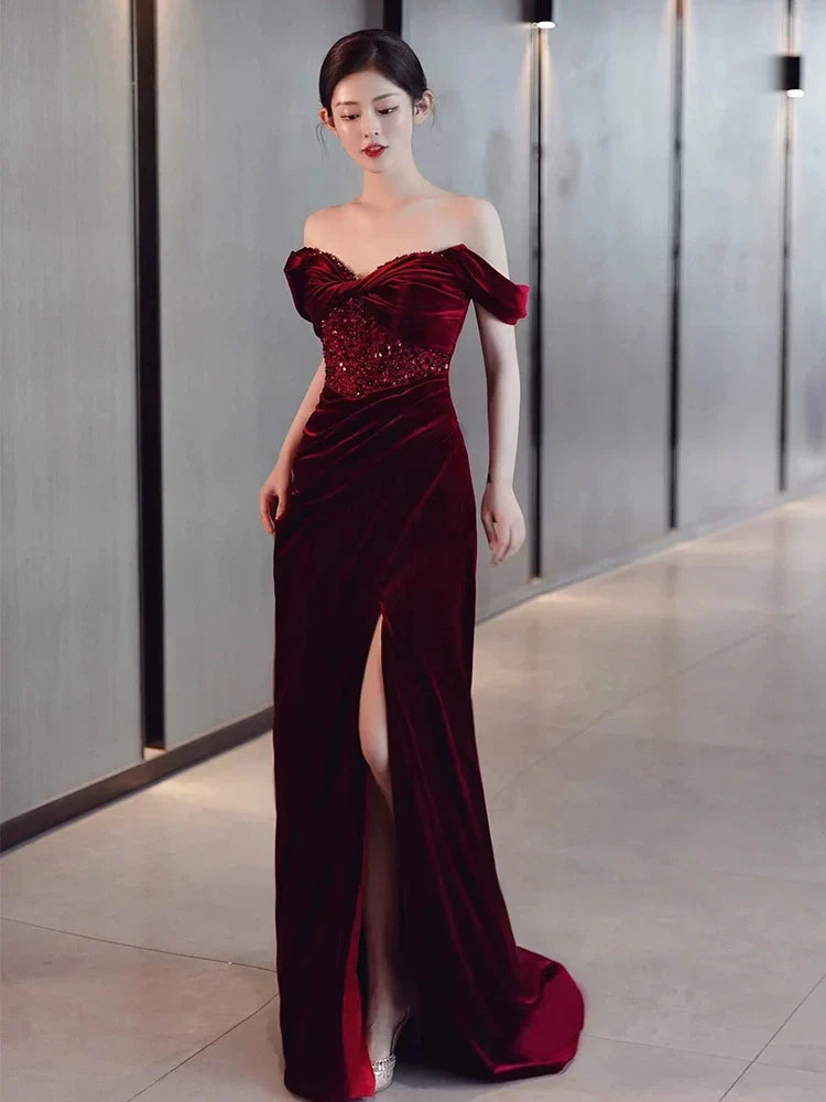 Burgundy Velvet Mermaid Long Prom Dress Off Shoulder Evening Dresses With Slit - VelvetHem