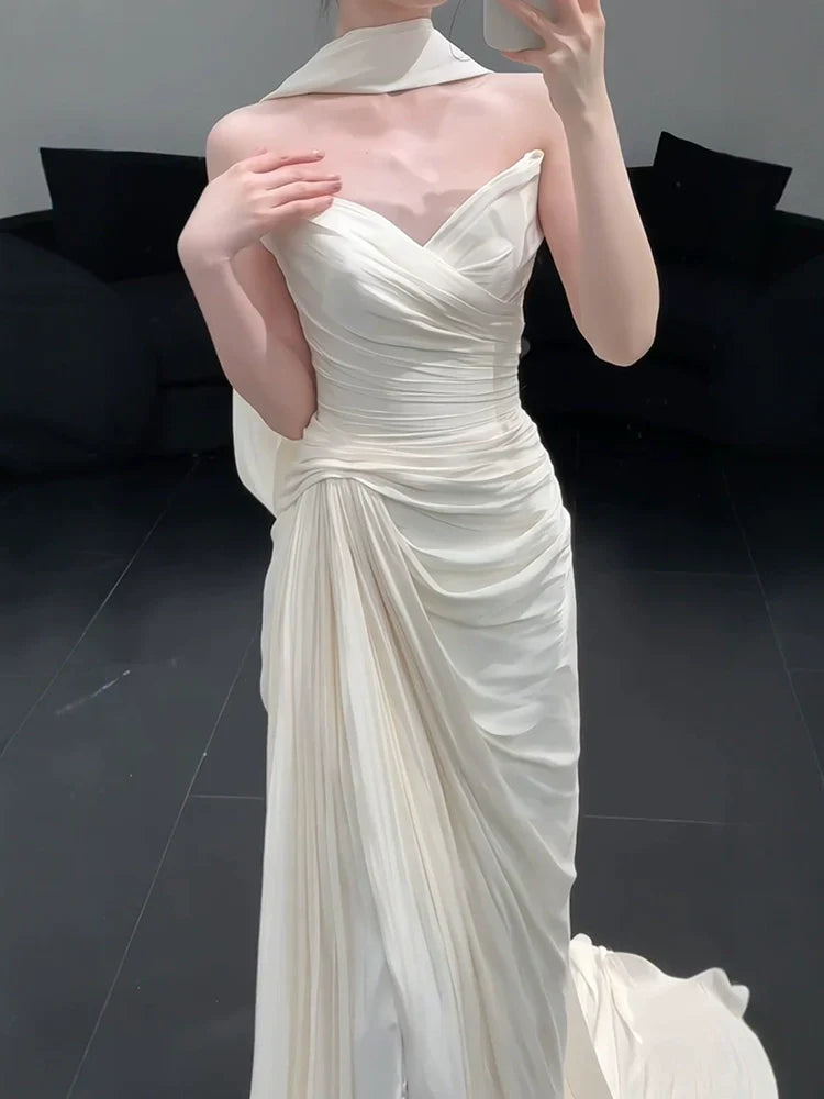 Strapless Pleat Long Wedding Dress Evening Party Dresses